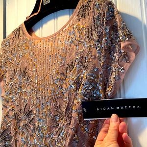 Beaded floor length gown; soft rose, mauve, metallics. Hand beaded. NWT Size 8.